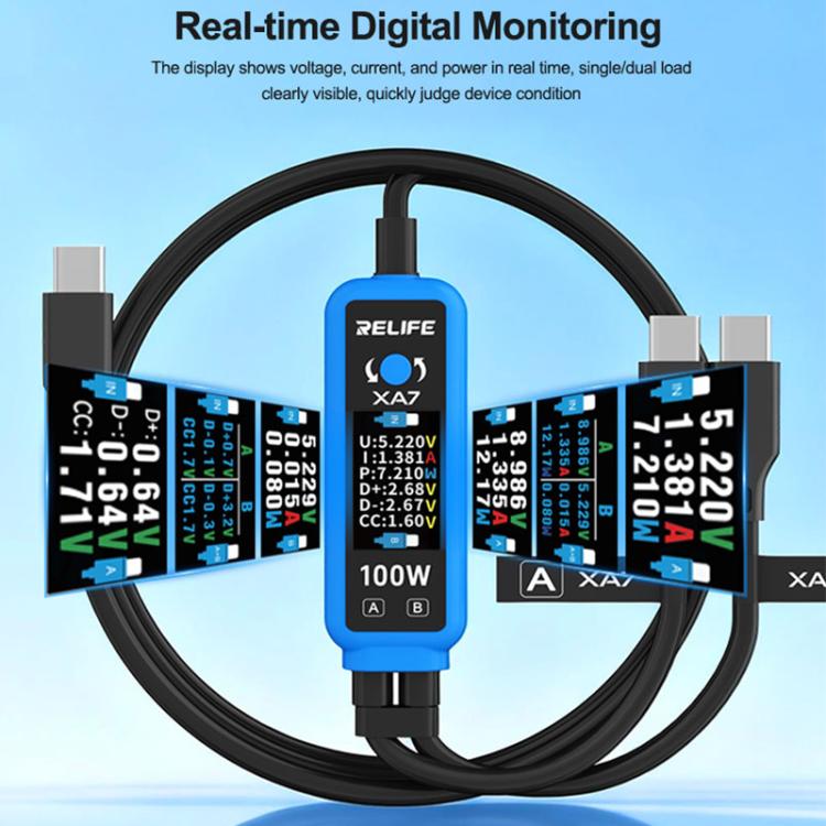 RELIFE XA7 100W Type-C Digital Display 1 to 2 Fast Charging Cable for iPhone / Android