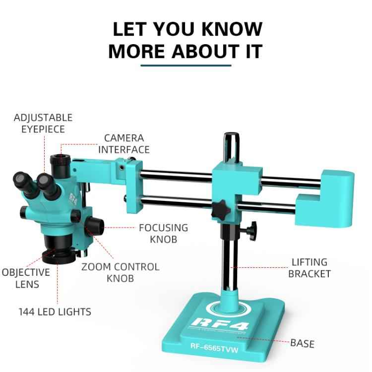 RF4 RF-6565TVW 6.5-65X High-definition Trinocular Stereo Continuous Zoom Industrial Microscope, RF-6565TVW