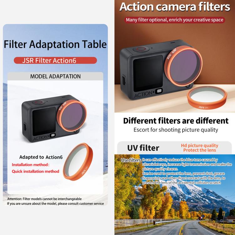 For DJI Osmo Action 6 JSR KO Series Camera Lens Filter, UV, CPL, ND8, ND16, ND32, ND64, ND8PL, ND16PL, ND32PL, ND64PL, STAR, NIGHT, Black Mist 1/4, 3 in 1 UV ND8/16, 4 in 1 ND8-64, 4 in 1 CPL ND8/16/32, 4 in 1 Black Mist CPL ND, 4 in 1 Macro CPL ND    ...