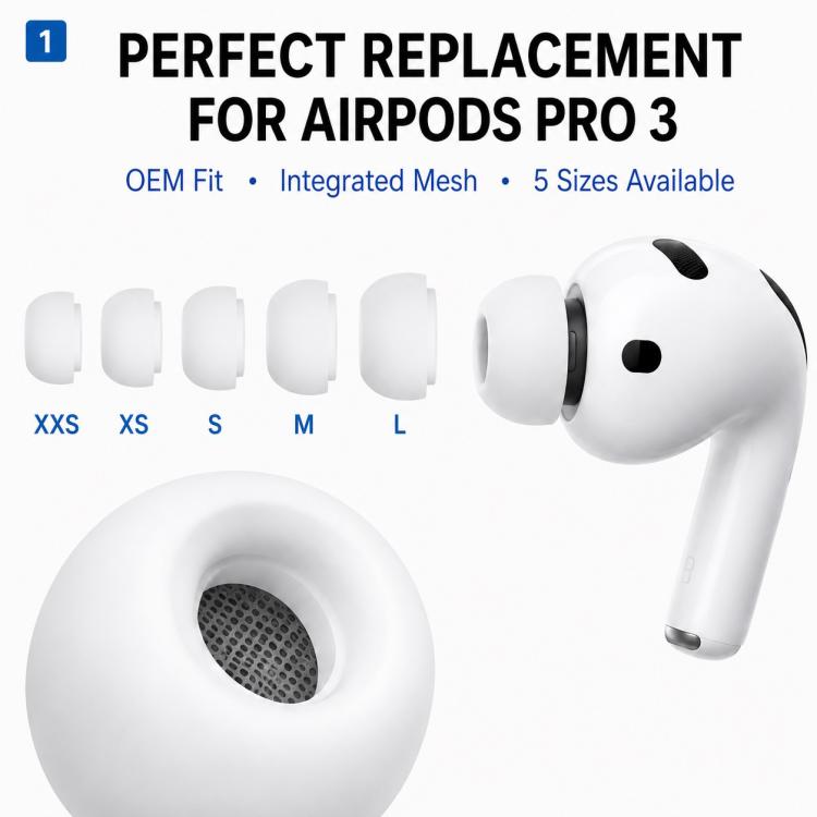 XDcase 5 Pairs Replacement Silicone Ear Tips Kit, L/M/S/XS/XXS Size, For AirPods Pro 3