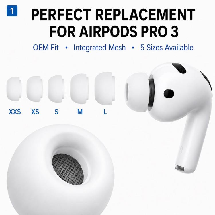 XDcase 5 Pairs Replacement Silicone Ear Tips Kit, L/M/S/XS/XXS Size, For AirPods Pro 3