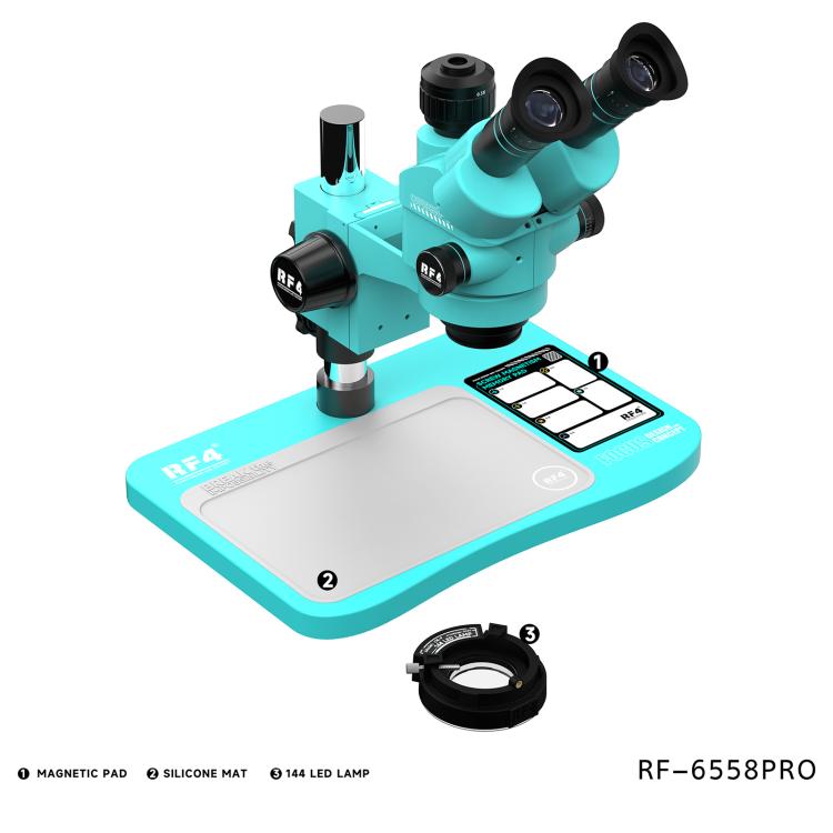RF4 RF-6558Pro 6.5-58X Trinocular Stereo Microscope with Big Base, Silicone Pad, Screw Pad, RF-6558Pro