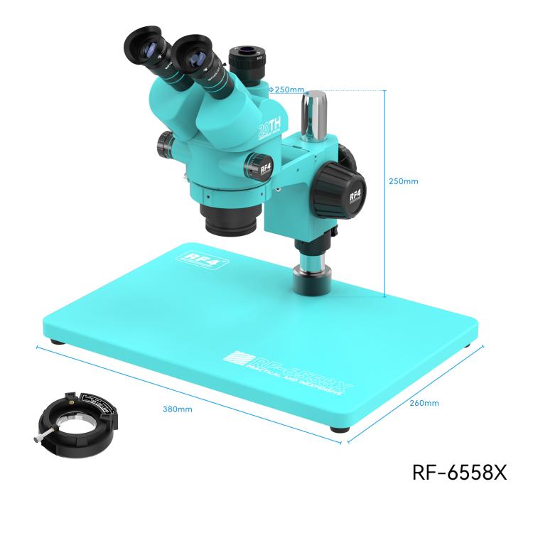 RF4 RF-6558X 6.5-58X Synchronous Zoom Trinocular Stereo Microscope with Aluminum Alloy Big Base, RF-6558X
