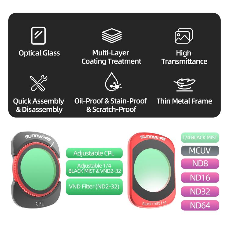 For DJI OSMO Pocket 3 Sunnylife Camera Lens Magnetic Metal Filter, MCUV, CPL, ND8, ND16, ND32, ND64, Black Mist 1/4, 3 in 1 Shadow Filter Set, 3 in 1 Portrait Filter Set, 3 in 1 CPL ND8/16, 3 in 1 Protective Filter Set, 4 in 1 ND8/16/32/64             ...
