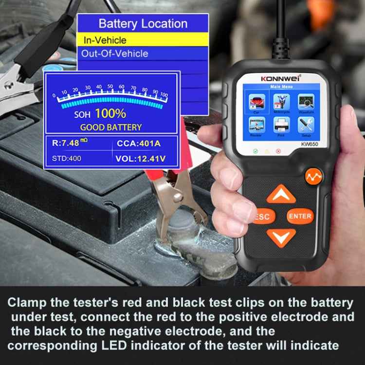 KONNWEI KW650 6V- 12V Car Motorcycle Battery Lawn Mower Detector with 2.4 inch Color Display & Waveform Graph