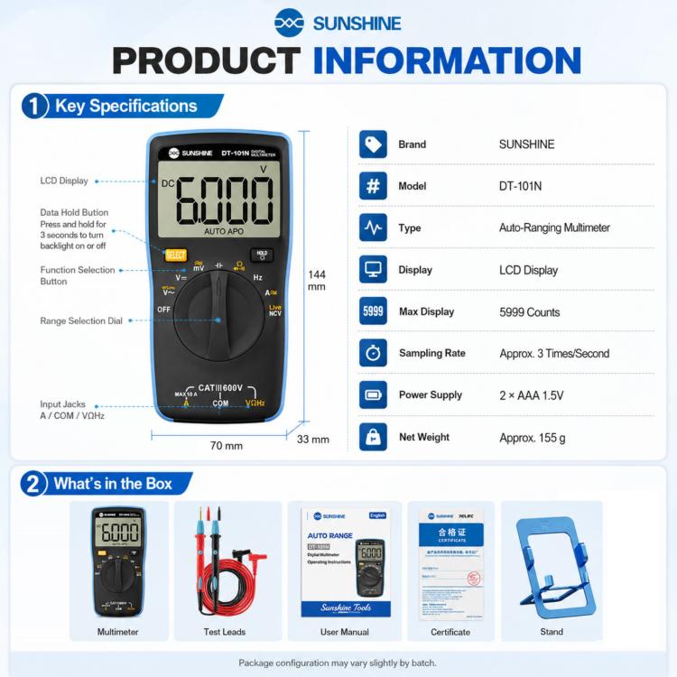 SUNSHINE DT-101N Pocket-Style Auto-Range Smart Precision Multimeter, DT-101N