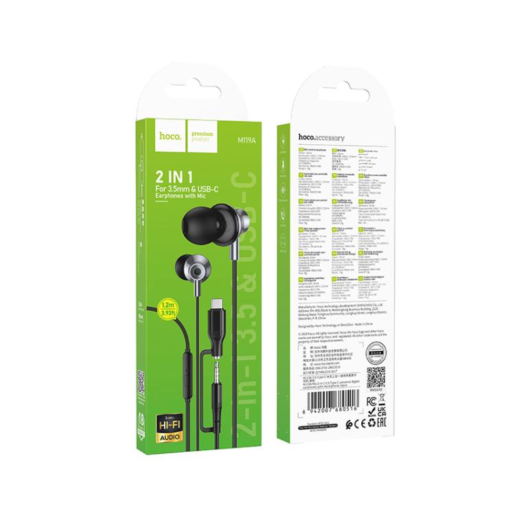 hoco M119A Mia 2-in-1 3.5mm & Type-C Universal Digital Earphones with Microphone, M119A 3.5mm & Type-C