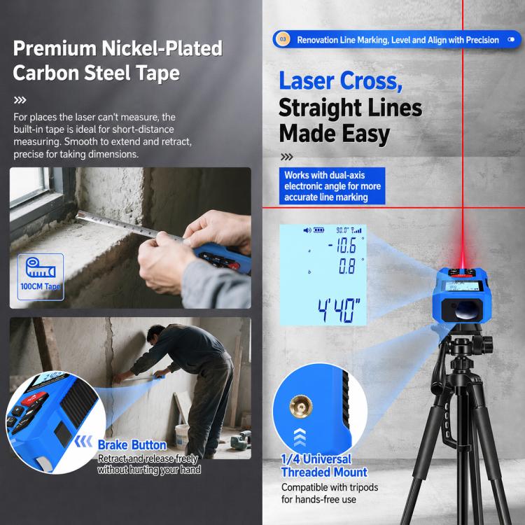 ZHENBING N1 Advanced Version Handheld Cross Line Infrared Laser Distance Meter, 50m, 70m, 100m, 120m