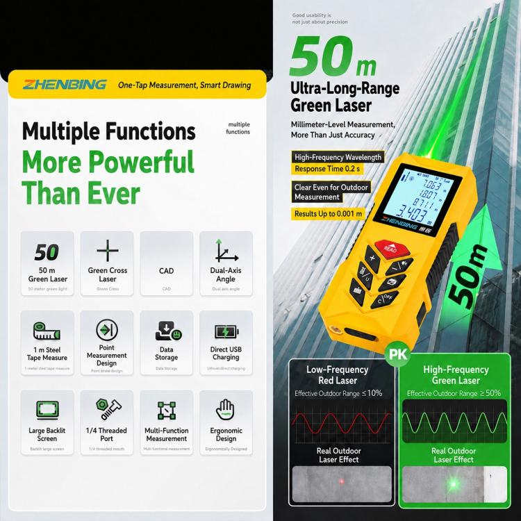 ZHENBING N1 Advanced Version Handheld Green Cross Line Laser Distance Meter, 50m, 70m, 100m, 120m, 150m