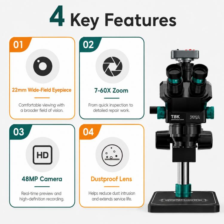 TBK TBK-701A 48MP 7X-60X Continuous Zoom Digital Microscope, TBK-701A