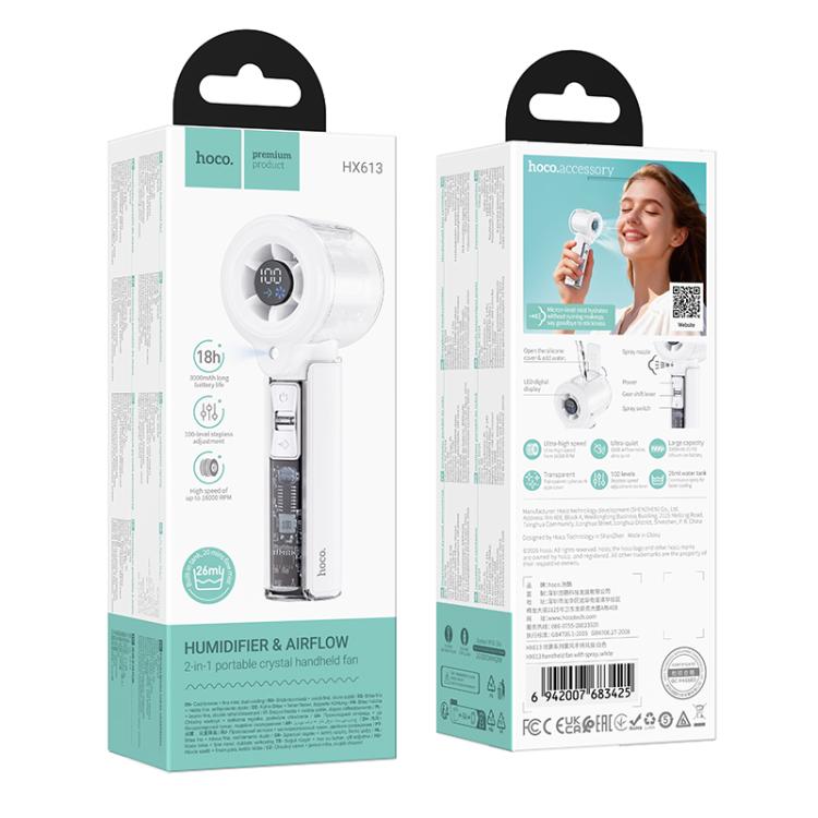 hoco HX613 Digital Display Handheld Cooling Electric Fan with Spray, HX613