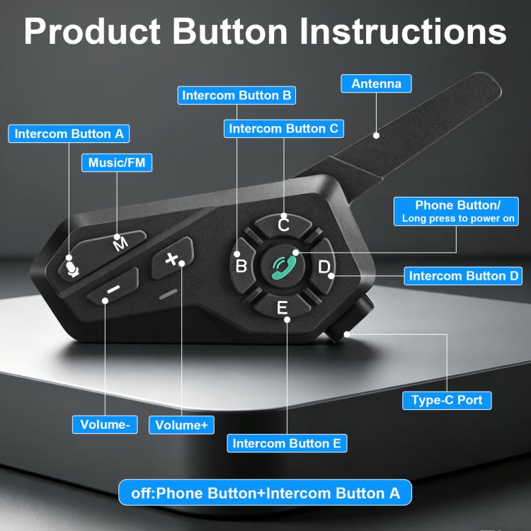 Motorcycle Helmet Waterproof Wireless Walkie-Talkie Bluetooth Earphone, Black