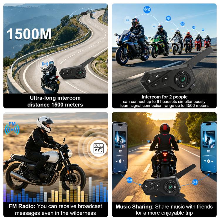 Motorcycle Helmet Waterproof Wireless Walkie-Talkie Bluetooth Earphone, Black