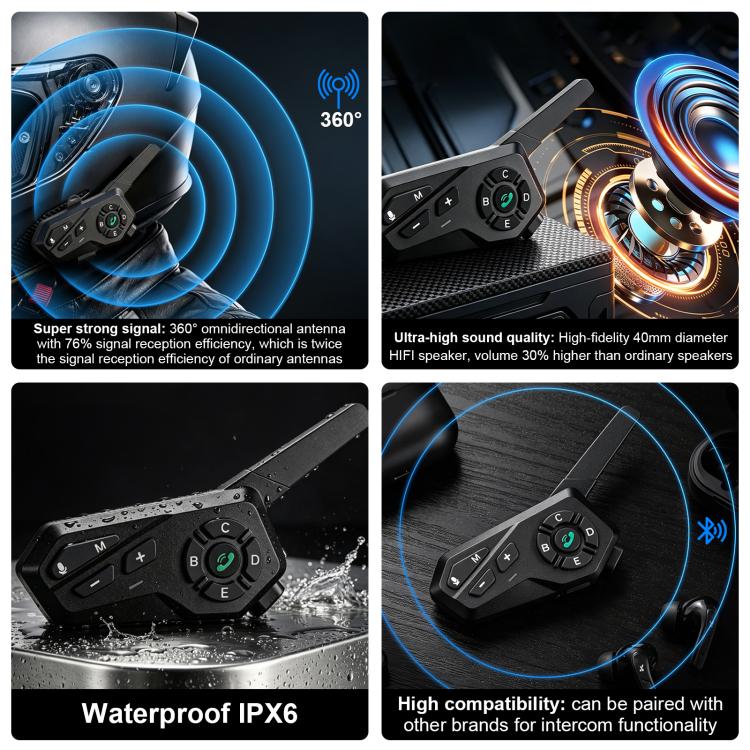 Motorcycle Helmet Waterproof Wireless Walkie-Talkie Bluetooth Earphone, Black