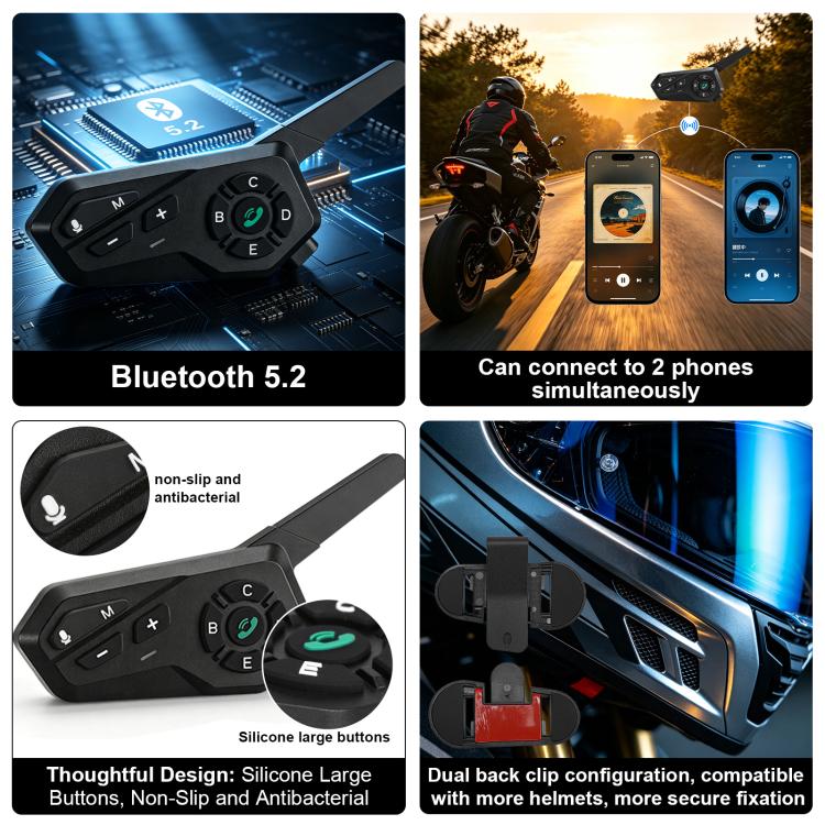 Motorcycle Helmet Waterproof Wireless Walkie-Talkie Bluetooth Earphone, Black
