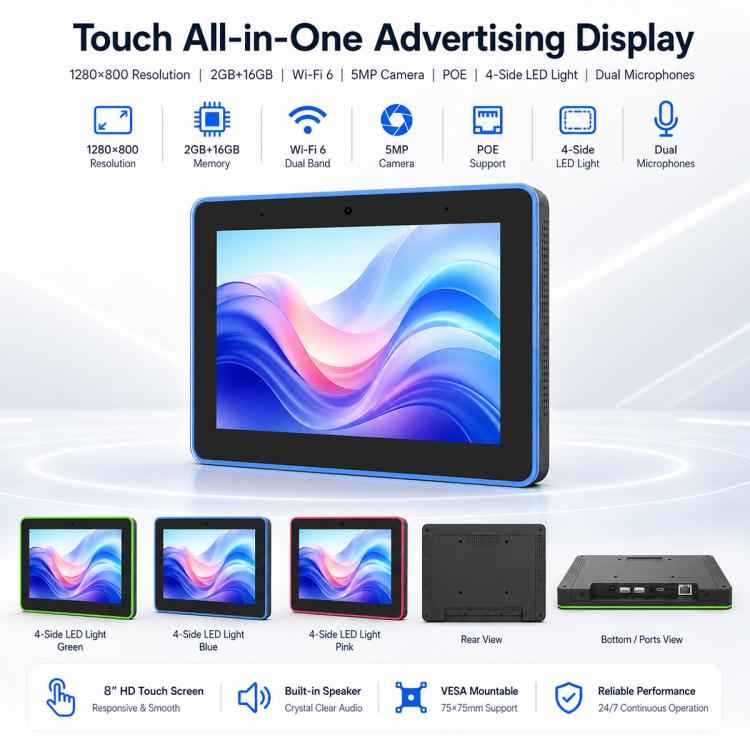 WA8058T 8 inch HD Touch Screen Digital Signage with Light, 2GB+16GB, Android 11 RK3568 Quad Core, EU Plug, UK Plug, US Plug