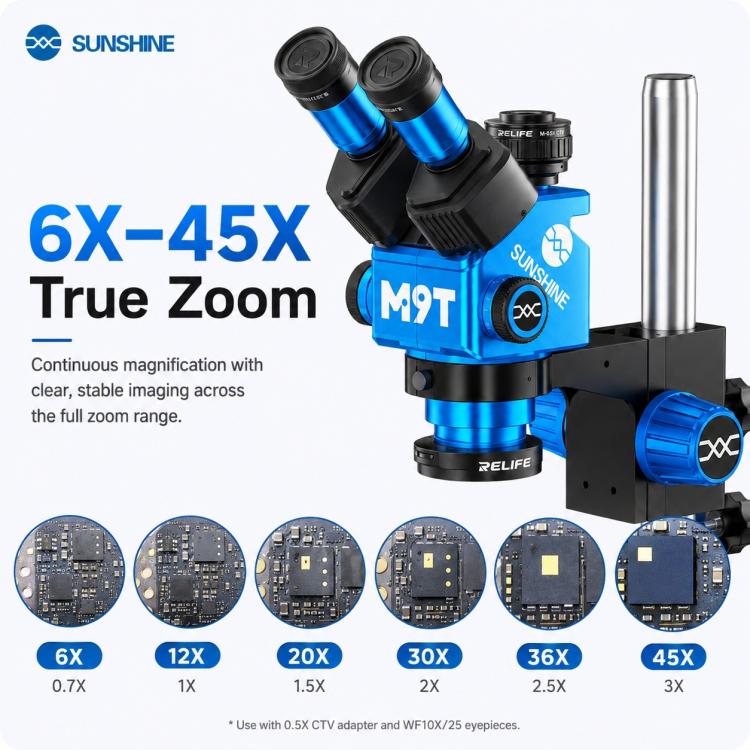 SUNSHINE M9T-B11 6X-45X Continuous Zoom Trinocular HD Stereo Microscope
