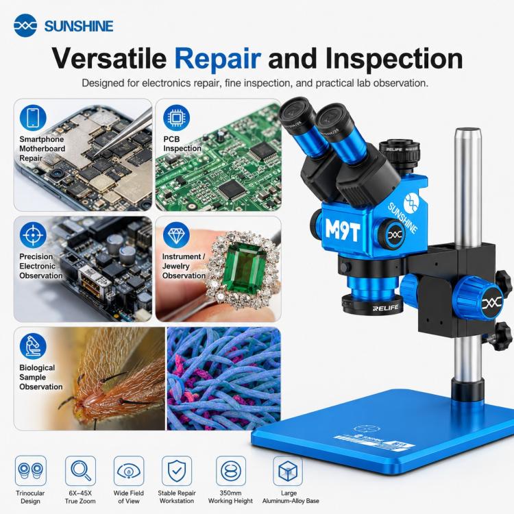 SUNSHINE M9T-B11 6X-45X Continuous Zoom Trinocular HD Stereo Microscope