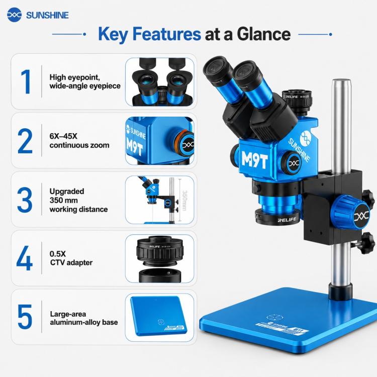 SUNSHINE M9T-B11 6X-45X Continuous Zoom Trinocular HD Stereo Microscope