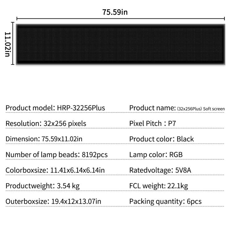 32x256 Pixels Dual Row Ultra-Thin LED Flexible Advertising Matrix Display Screen, Size: 192 x 28cm, 192 x 28cm