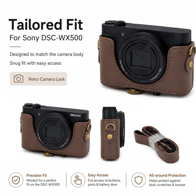 Full Body Retro Vegan Leather Camera Case Bag with Strap, For Sony DSC-WX500