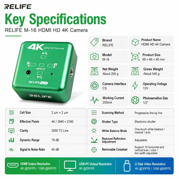 RELIFE M-16 HD 4K 30fps Industrial Grade Electronic Microscope Camera, RELIFE M-16 EU Plug, RELIFE M-16 US Plug