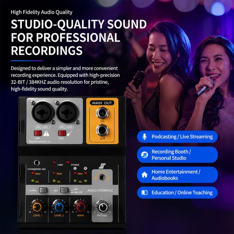 F-2A Multi-function Professional 2-way Recording Mixer USB Live Streaming Sound Card, F-2A