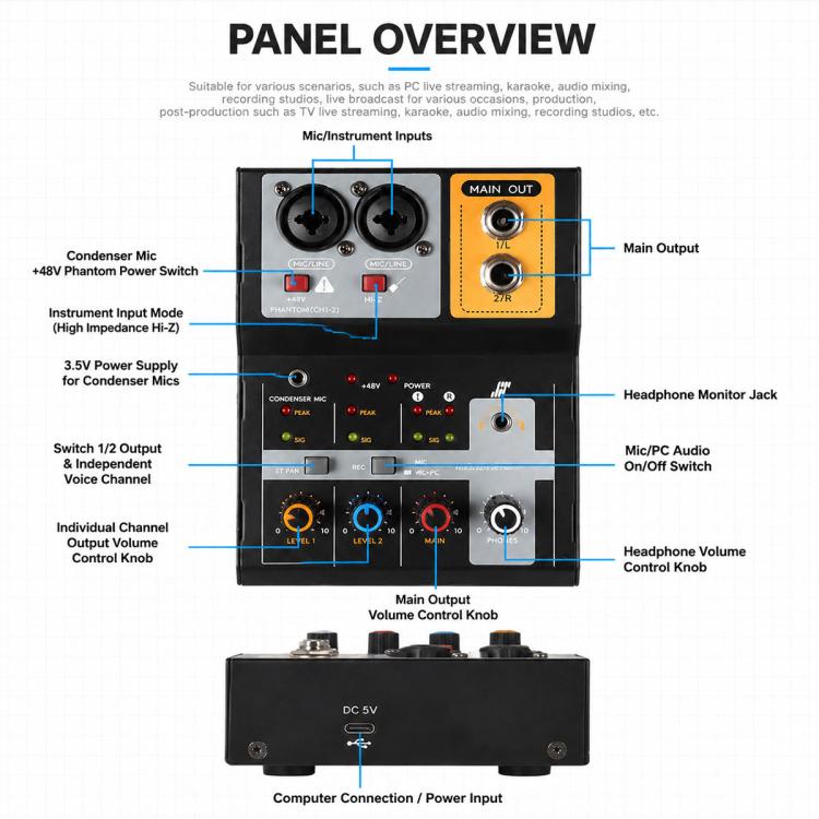 F-2A Multi-function Professional 2-way Recording Mixer USB Live Streaming Sound Card, F-2A