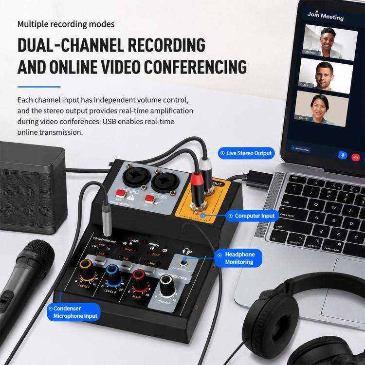 F-2A Multi-function Professional 2-way Recording Mixer USB Live Streaming Sound Card, F-2A