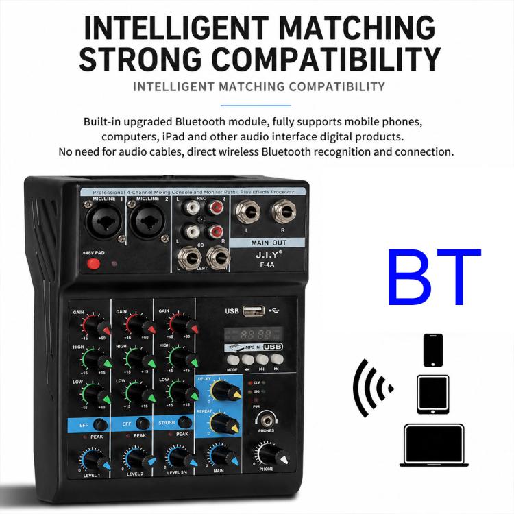 F-4A Multi-function Professional 4-way Recording Mixer Bluetooth Live Streaming Sound Card, EU Plug, UK Plug, US Plug, without Plug