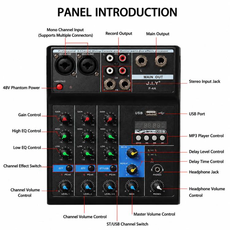 F-4A Multi-function Professional 4-way Recording Mixer Bluetooth Live Streaming Sound Card, EU Plug, UK Plug, US Plug, without Plug