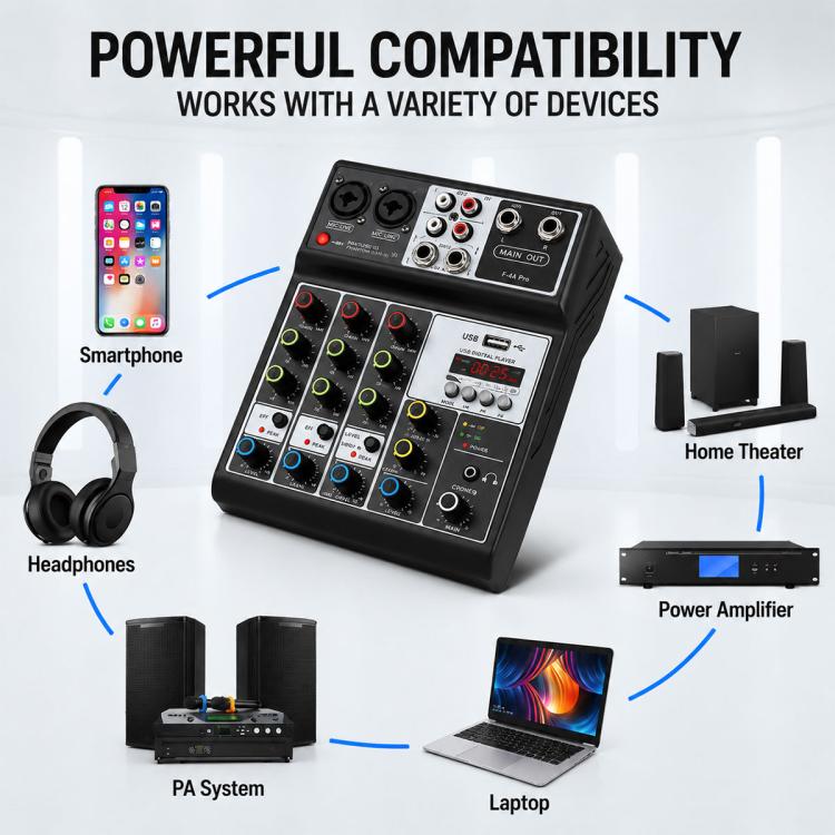 F-4A Pro Multi-function Professional Recording Mixer Bluetooth Live Streaming Sound Card, EU Plug, UK Plug, US Plug