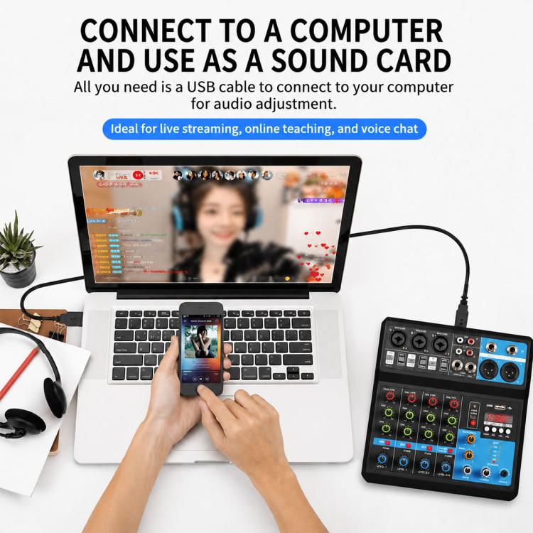 F-5A Multi-function Professional 5-way Recording Mixer Bluetooth Live Streaming Sound Card, EU Plug, UK Plug, US Plug