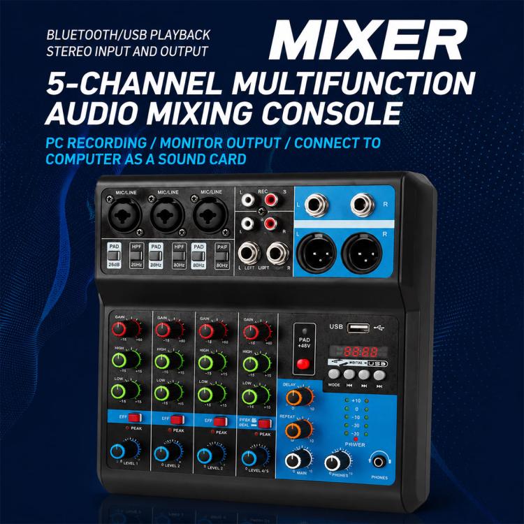 F-5A Multi-function Professional 5-way Recording Mixer Bluetooth Live Streaming Sound Card, EU Plug, UK Plug, US Plug