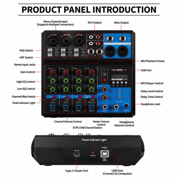 F-5A Multi-function Professional 5-way Recording Mixer Bluetooth Live Streaming Sound Card, EU Plug, UK Plug, US Plug