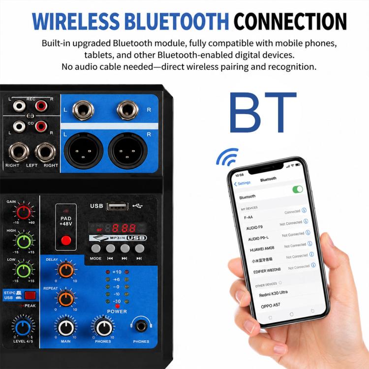 F-5A Multi-function Professional 5-way Recording Mixer Bluetooth Live Streaming Sound Card, EU Plug, UK Plug, US Plug