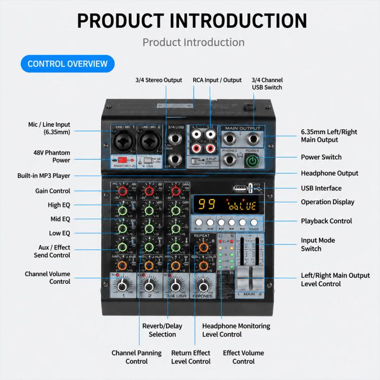 TP-4M 4-Channel Multi-function Professional Recording Mixer Bluetooth Sound Card, EU Plug, UK Plug, US Plug