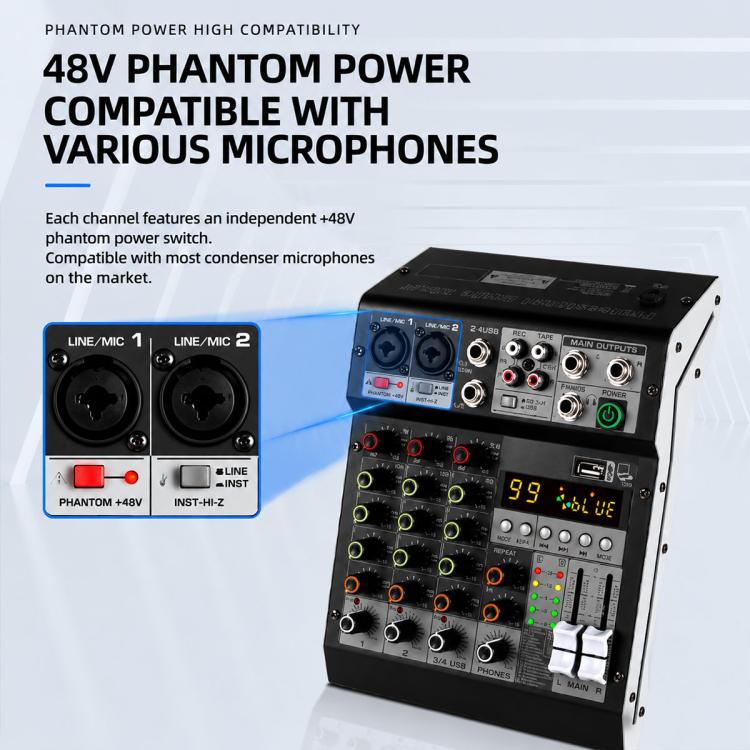 TP-4M 4-Channel Multi-function Professional Recording Mixer Bluetooth Sound Card, EU Plug, UK Plug, US Plug
