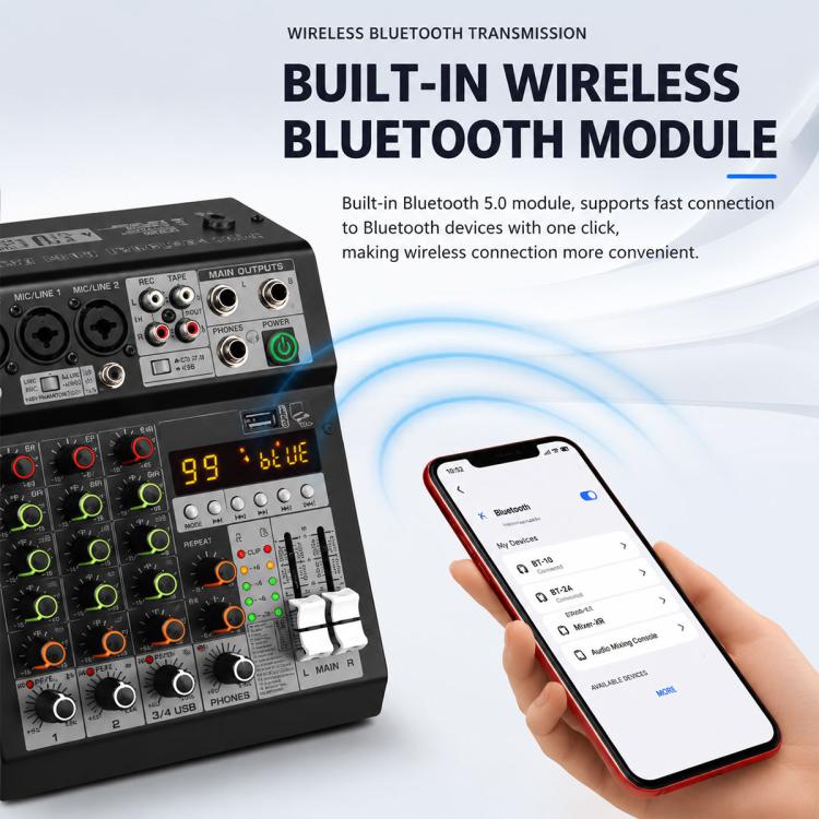 TP-6M 6-Channel Multi-function Professional Recording Mixer Bluetooth Sound Card, EU Plug, UK Plug, US Plug