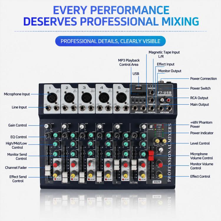 F4 4-Channel Multi-function Professional Bluetooth Live Streaming Mixer, EU Plug, UK Plug, US Plug