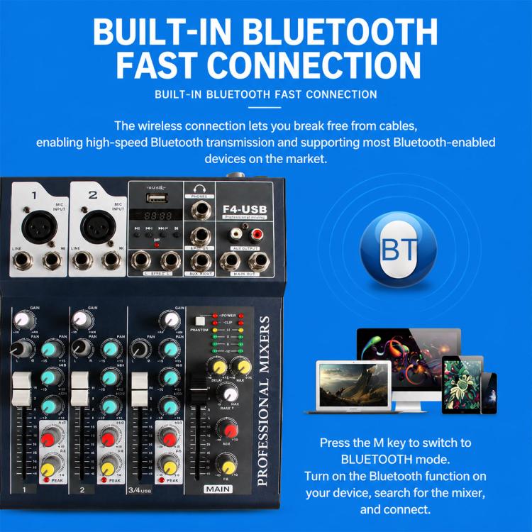 F4 4-Channel Multi-function Professional Bluetooth Live Streaming Mixer, EU Plug, UK Plug, US Plug