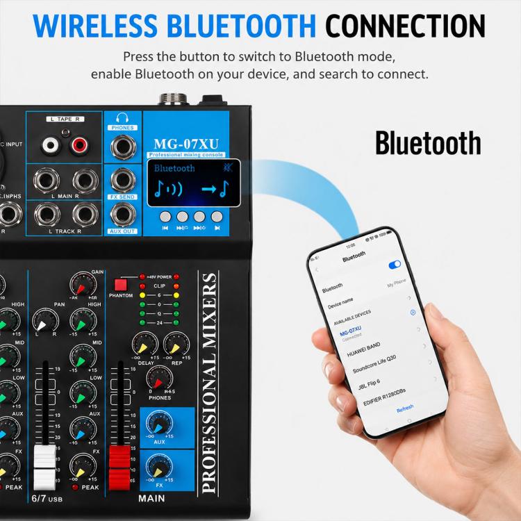 MG-07 7-Channel Multi-function Professional Bluetooth Live Streaming Recording Mixer, EU Plug, UK Plug, US Plug