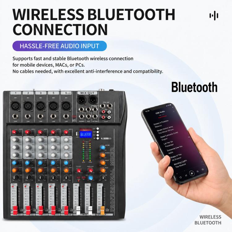 CT-6 6-Channel Professional Bluetooth Mixer with Amplifier, EU Plug, UK Plug, US Plug
