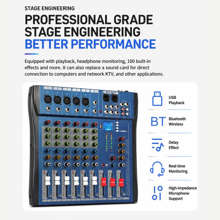 CT-6 6-Channel Professional Bluetooth Mixer with Amplifier, EU Plug, UK Plug, US Plug