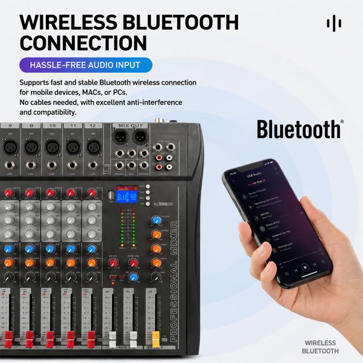 CT-12 12-Channel Professional Bluetooth Recording Live Streaming Mixer, EU Plug, UK Plug, US Plug