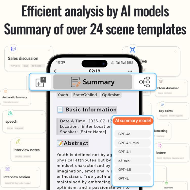 A3 One-key Ultra-thin AI Smart Voice Recorder Support AIREC-APP, 8GB, 16GB, 32GB, 64GB, 128GB, 256GB