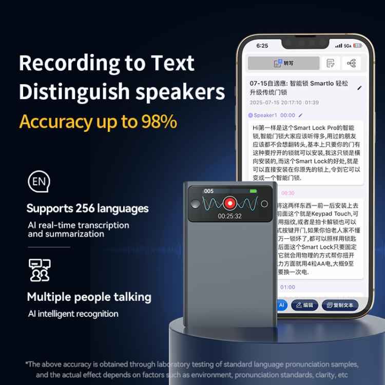 A3P 1.47-inch Display Ultra-thin AI Smart Voice Recorder Support AIREC-APP, 8GB, 16GB, 32GB, 64GB, 128GB, 256GB