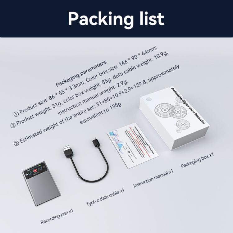 A3P 1.47-inch Display Ultra-thin AI Smart Voice Recorder Support AIREC-APP, 8GB, 16GB, 32GB, 64GB, 128GB, 256GB