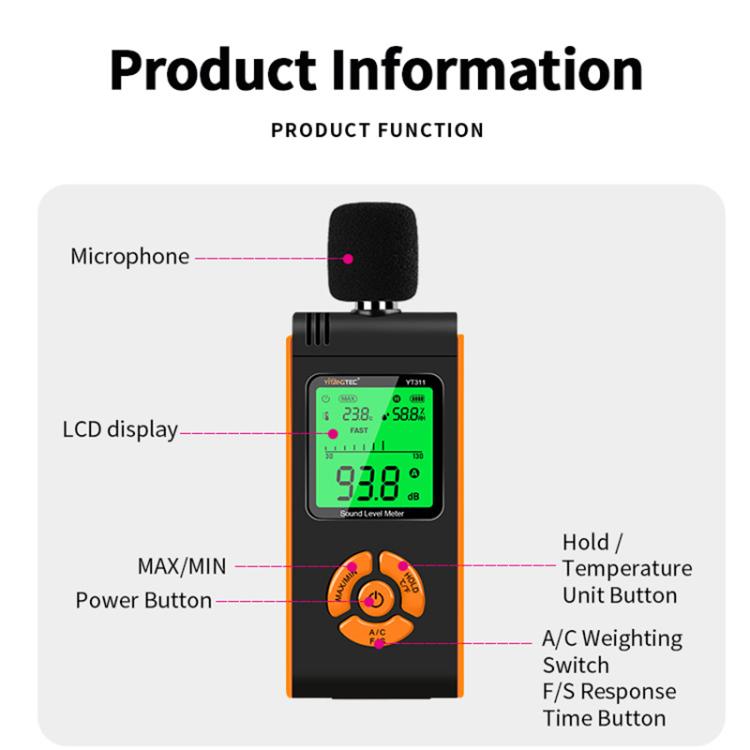 YT311 High Precision Digital Sound Level Meter Support Temperature and Humidity Measurement