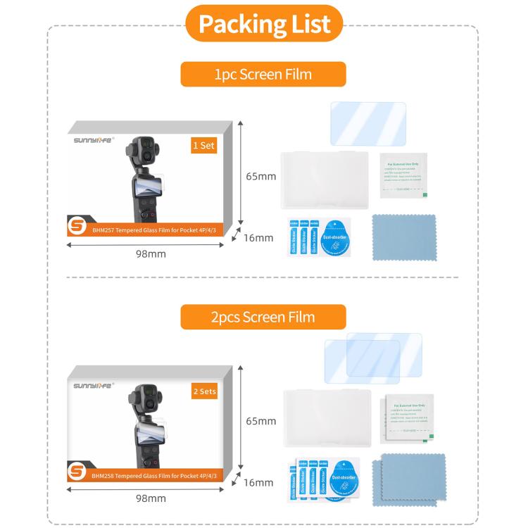 Sunnylife Tempered Glass Film For DJI Osmo Pocket 4P / 4 / 3, Screen & Remote Film 2 Sets, Screen & Remote Film, Screen Film 2pcs, Screen Film
